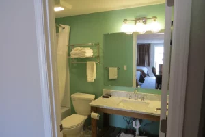 green bathroom with a adjoining room in an inn