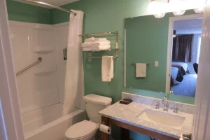 green bathroom with a adjoining room in an inn