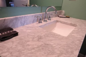 closeup on the marble countertop of a bathroom