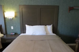 queen bed in an emerald green room of an inn